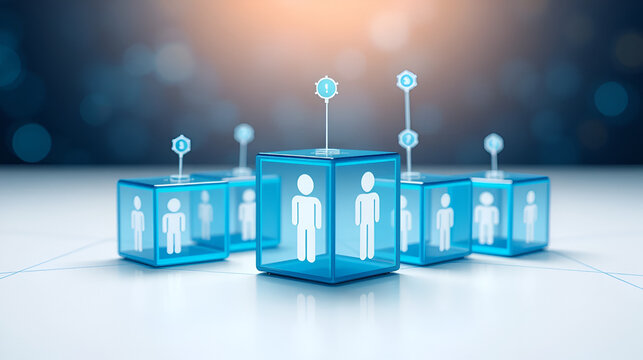 Blue digital cubes with icons of businesspeople, symbolizing corporate network and connections. Global communication and worldwide company team structure, wireless community information exc 51649470 1