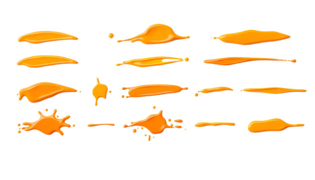 Collection of orange liquid splatters and spills on transparent background