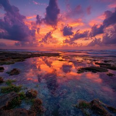 Vibrant sunset over calm ocean reflected in shallows