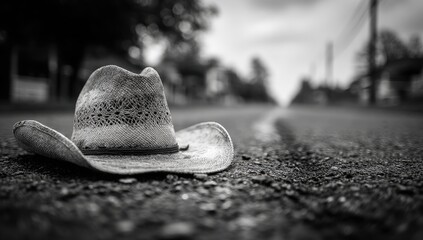 Worn straw cowboy hat on a road