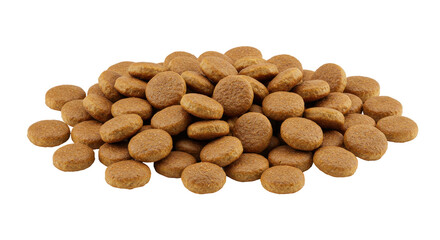 A large pile of round brown pet food kibble isolated on white background ready for feeding