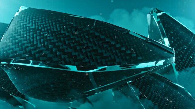 Abstract Geometric Shapes with Carbon Fiber Texture and Translucent Edges in Teal Smoky Background