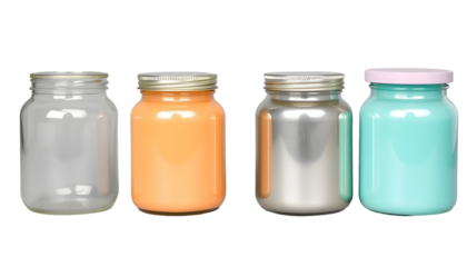 Four colorful glass jars isolated on a transparent background