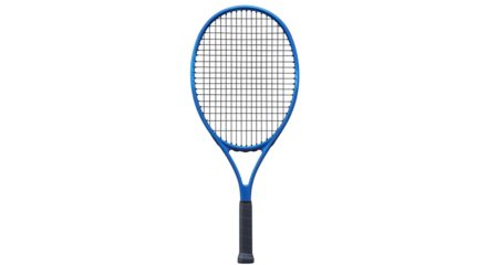 Blue tennis racket positioned centrally for sports theme isolated on clean white background
