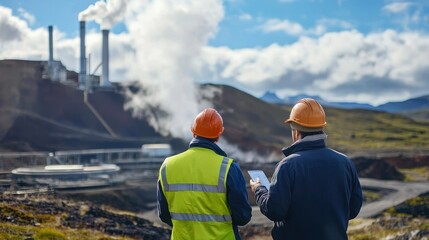 Two construction workers, wearing orange hard hats and high-visibility vests, stand back-to-back and look out over a large industrial complex. 