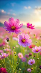 Fototapeta premium Vibrant cosmos flowers sway gently in a summer field