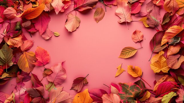 Autumn Leaves on pink background, copy space for text - Powered by Adobe