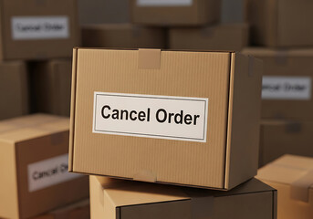Cardboard box with cancel order label surrounded by more boxes in a shipping warehouse