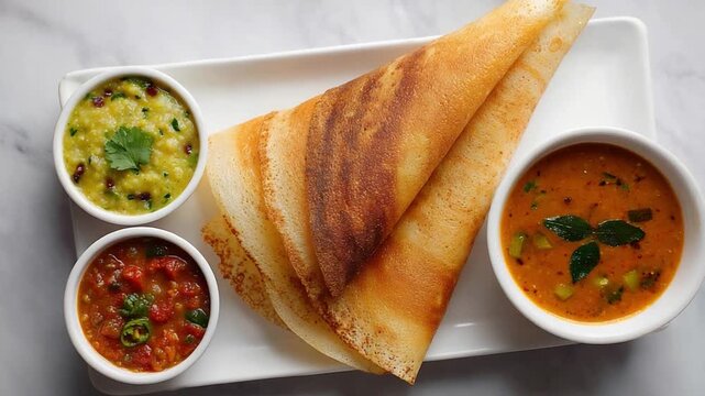 Crispy Dosa with Accompaniments: A delicious, perfectly cooked dosa is artfully arranged on a pristine plate. Accompanied by a selection of flavorful chutneys and sambar.