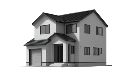 Gray-scale two-story house with a garage and front porch.  Simple, modern design with pitched roof. Windows, doors, and architectural details are clearly depicted