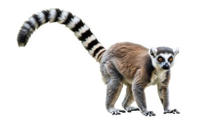 Obraz premium A curious lemur crouching in a natural habitat with vibrant foliage in the background isolated on white background