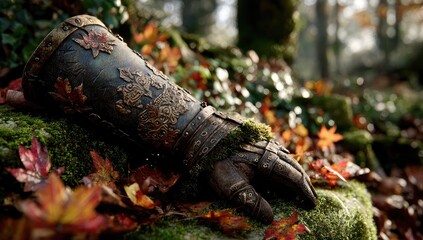 Obraz premium Ornate gauntlet rests on mossy rock amidst autumn leaves