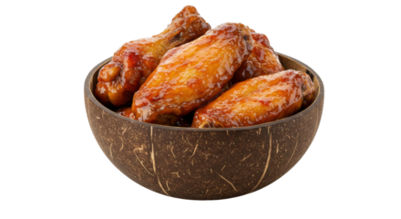 Glazed chicken wings in rustic bowl isolated on white background delicious food concept
