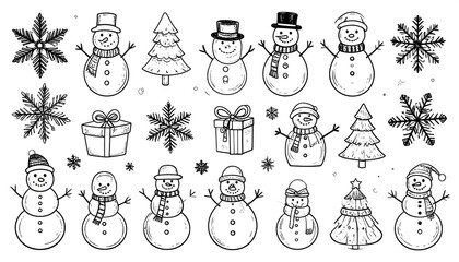 Festive Winter Holiday Doodle Seamless Pattern with Snowmen, Trees and Gifts