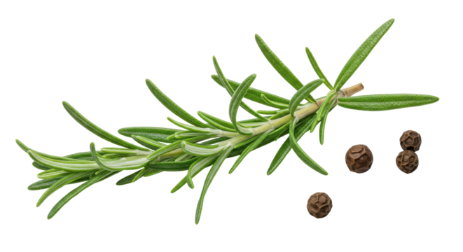 Fresh rosemary sprig with peppercorns isolated on white background culinary theme