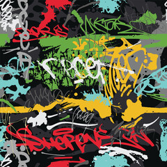 Abstract graffiti colors tags texture. Multicolored calligraphic inscriptions on dirty grunge background collage. Seamless hand-drawn style street art pattern. Vector wallpaper