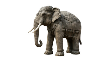 Majestic stone elephant statue standing proudly adorned with intricate carvings in serene surroundings isolated on white background