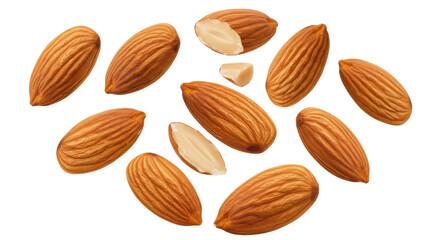 Assorted almonds scattered isolated on white background showcasing texture and color variations