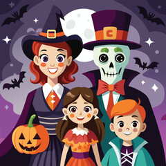 Joyful family of four celebrating halloween in elaborate costumes depicted as a vibrant vector illustration