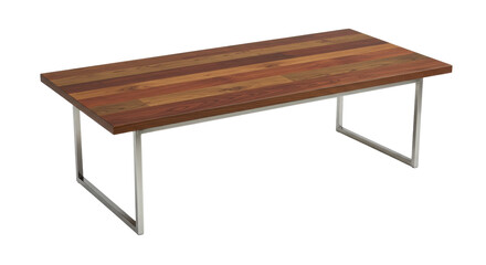 Modern wooden coffee table with sleek metal legs isolated on white background