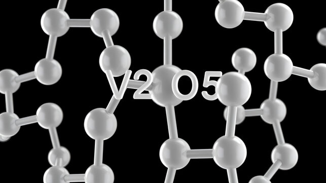 Vanadium(V) Oxide or vanadium pentoxide. Animated 3D model of a molecule. Molecular formula: V2O5. Chemical model: Ball and sticks. Black background. 3D rendering. Seamless loop. - Powered by Adobe