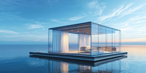 A modern, glass-enclosed floating house sits on a calm ocean surface at twilight. The house features large glass walls and a floating platform. Inside