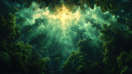 Fototapeta premium A vibrant digital painting background, a captivating realm of towering trees, their branches reaching for a sky painted in ethereal hues, adorned with a tapestry of lush vegetation, a testament 