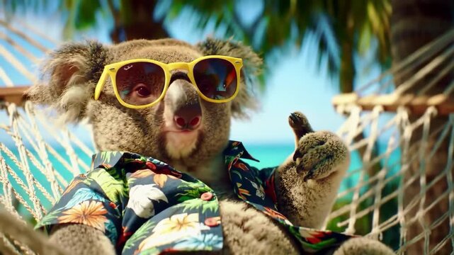 Koala bear relaxing in hammock at tropical beach resort.