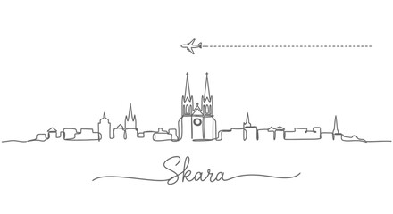 Obraz premium Skara with Sweden Skyline Airplane Travel Vector.