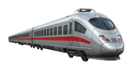 High-speed train in motion isolated on white background sleek design traveling through a scenic landscape