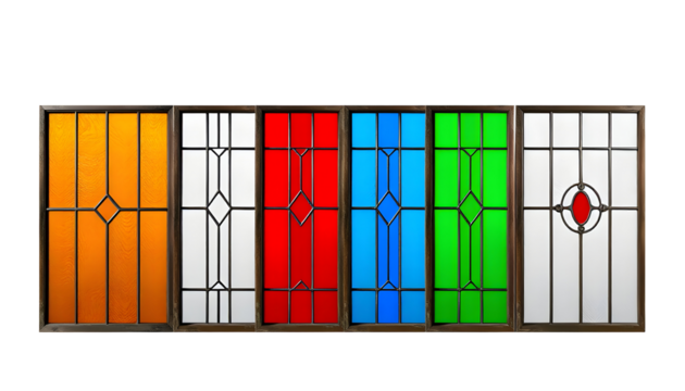 Colorful stained glass windows with decorative metal grilles