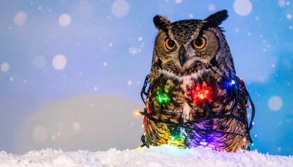 A majestic owl, adorned with colorful Christmas lights, sits in the snow against a soft blue backdrop.