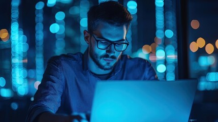 Entrepreneur researching blockchain technology on a laptop.