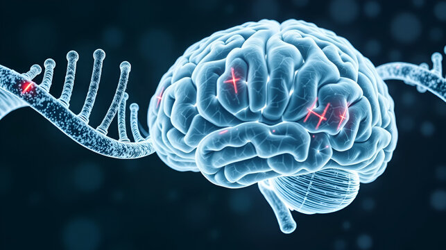 double exposure of a DNA helix overlaid with a detailed human brain, symbolizing the connection between genetics and neuroscience