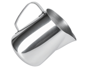 “Shiny Stainless Steel Milk Frothing Pitcher with Handle, Isolated on Transparent Background”.