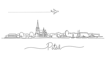 Fototapeta premium Pitea Sweden skyline with Line art, and Airplane.
