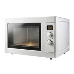 Fototapeta premium White Microwave Oven Appliance Isolated on Transparent Background with Two Knobs and a Display