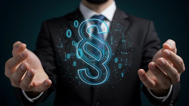 Glowing Paragraph Symbol Held By Person in Dark Suit with Dark Background For Legal Themes and Business Concepts
