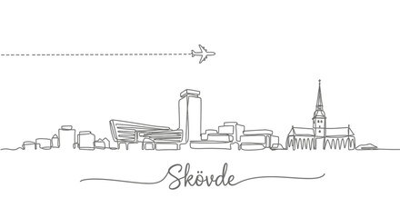 Obraz premium Skvde Skyline with Plane, Travel, and Line Art.