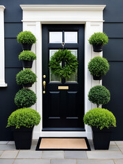 Fototapeta premium A black front door with greenery in pots, perfect for exterior or interior use