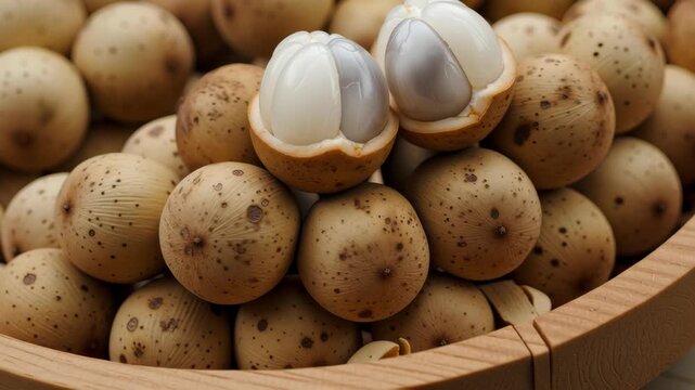 Heap of Fresh Lansium Parasiticum with Juicy Flesh Texture Detail in Close Up Macro Shot Still Life