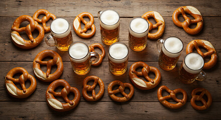 Fototapeta premium Oktoberfest Delights Pretzels and Beer on Rustic Wood