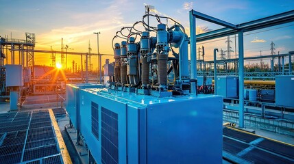 A large, blue electrical transformer sits prominently in the foreground of an industrial power station complex. The transformer is surrounded by a metal framework and various cables and equipment
