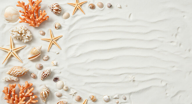 Beach banner with seashells, corals and starfish on white sand &mdash; summer sea theme header background