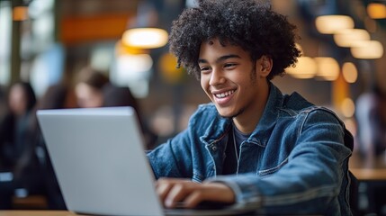 High school student playing an educational game on a laptop.
