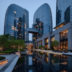 Naklejka premium Modern, curved glass skyscrapers flanking a tranquil courtyard reflecting pool