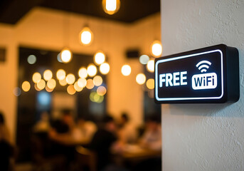 Illuminated free wifi sign in a restaurant with blurred background and warm lighting
