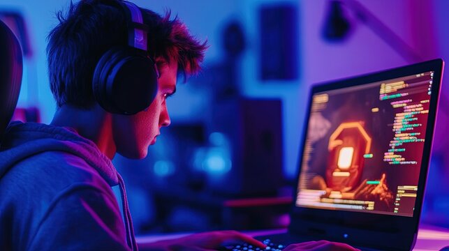 Teenager coding a simple game on a laptop, enjoying the process.