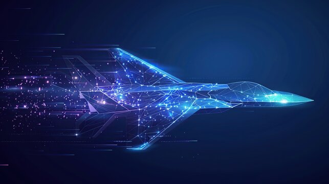 fighter jet in flight from abstract polygonal points blue. Low poly fighter in motion, lines and connected to form - Powered by Adobe