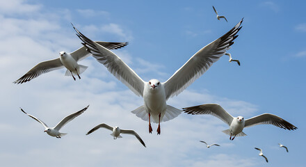 Obraz premium Flying seagulls in blue sky — wild sea birds in motion nature background